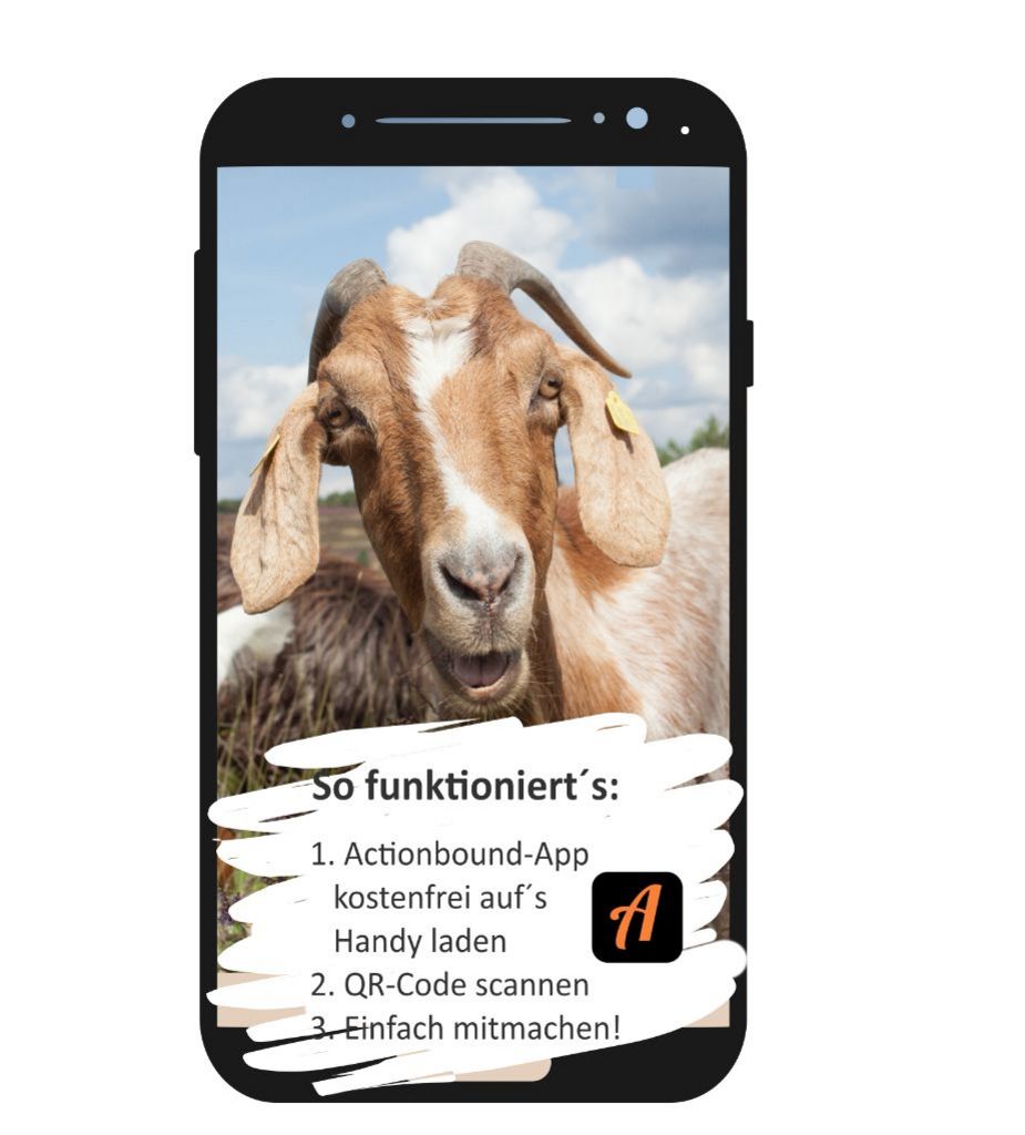 Smartphone mit Bild einer Ziege und Anleitung zur Nutzung der Actionbound-App: App kostenlos laden, QR-Code scannen, mitmachen