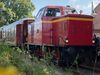 Roter Dieselzug 'Bispinger Heide Express' an einem Bahnhof, umgeben von Bäumen und wartenden Menschen