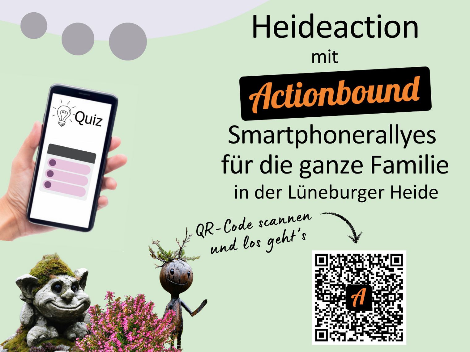 Werbung für digitale Schnitzeljagd 'Heideaction' mit Actionbound, Smartphone-Rallyes für Familien in der Lüneburger Heide, QR-Code zum Scannen